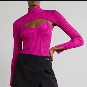 NWT SIMKHAI Fleur layered ribbed-knit turtleneck Pink Large Bougainvillea Top